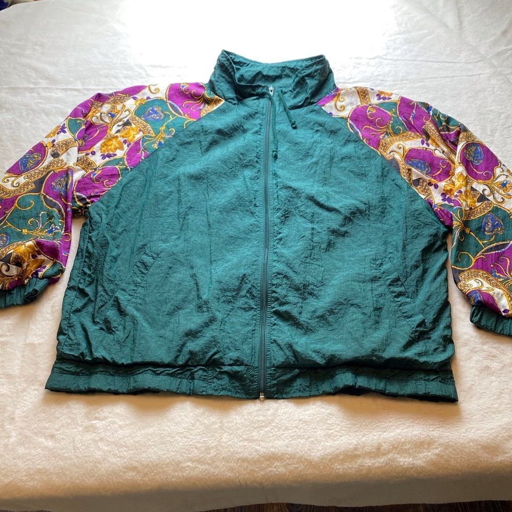 b.i. Gear Sport Vintage Nylon Track Jacket Green with Vibrant Gold Purple Sleeve